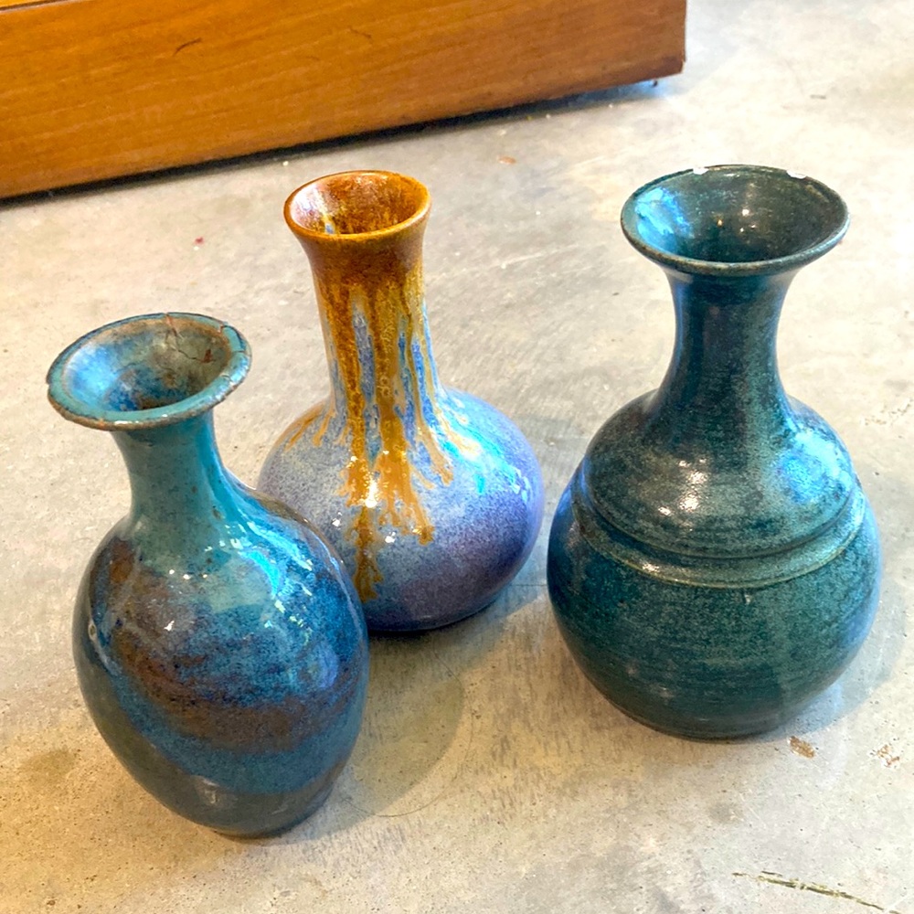 Set of Three pigeon forge pottery signed glazed vases in Blue and brown.